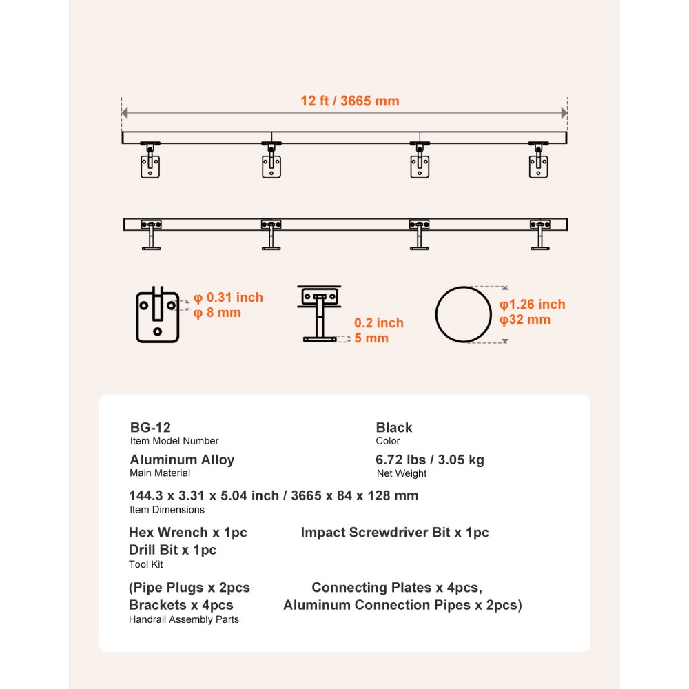 VEVOR Wall Mounted Stair Handrail, 3665mm Pipe Staircase Handrail, Black Galvanized Aluminum, 32mm Pipe Diameter, Indoor&Outdoor Staircase Railing, Industrial Hand Rail for Steps, Security Baluster