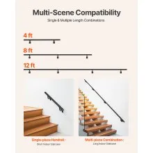 12ft Wall Mounted Stair Handrail Black Aluminum Indoor Outdoor Railing