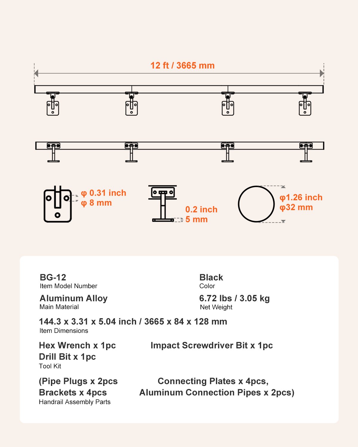 VEVOR Wall Mounted Stair Handrail, 3665mm Pipe Staircase Handrail, Black Galvanized Aluminum, 32mm Pipe Diameter, Indoor&Outdoor Staircase Railing, Industrial Hand Rail for Steps, Security Baluster