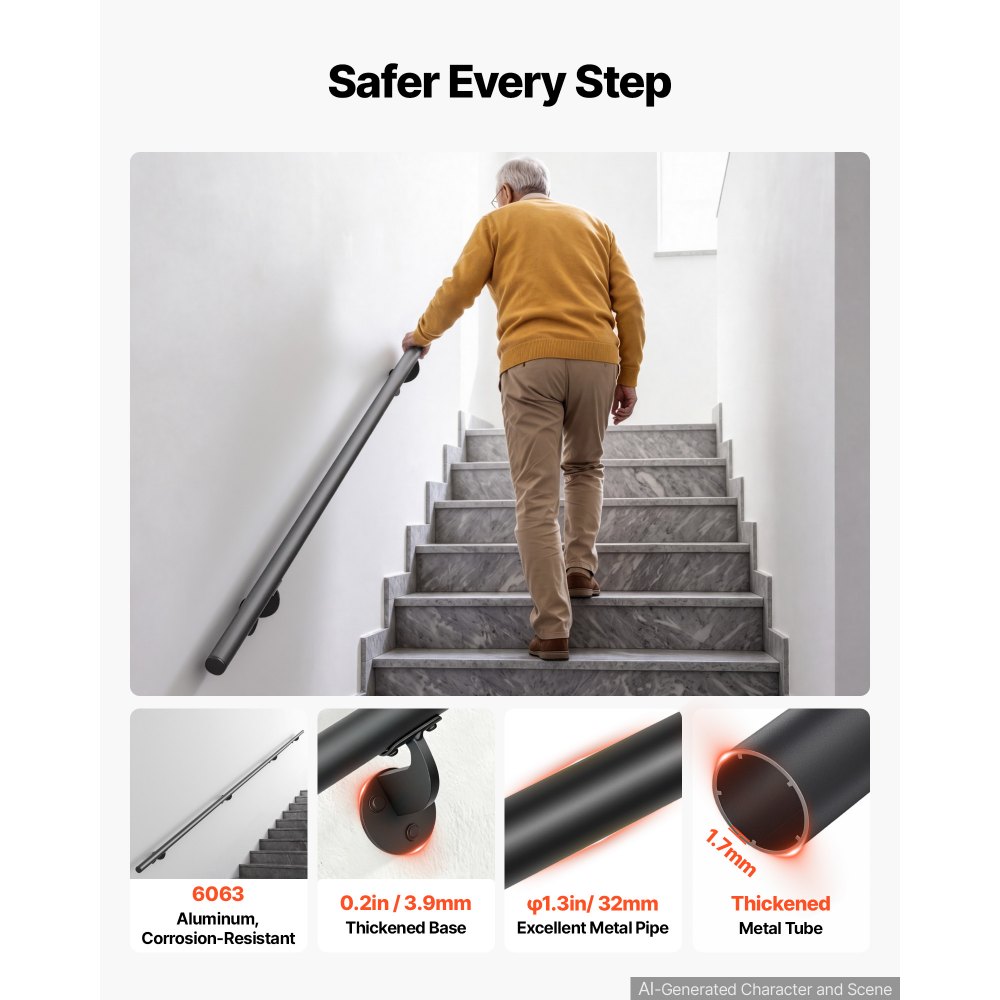 VEVOR Wall-Mounted Stair Handrail, 3657.6 mm 113.4 kg Black Metal Railing, for Indoor Steps, Loft, Porch & Hallways, Heavy-Duty Industrial Aluminum Alloy Hand Rail, Round Tube, with Mounting Hardware