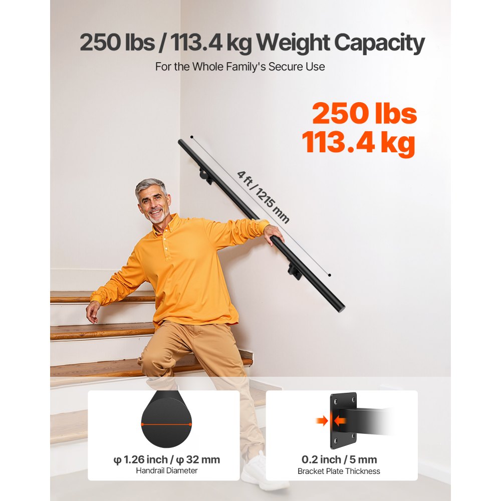 VEVOR Wall Mounted Stair Handrail, 1215mm Pipe Staircase Handrail, Black Galvanized Aluminum, 32mm Pipe Diameter, Indoor&Outdoor Staircase Railing, Industrial Hand Rail for Steps, Security Baluster