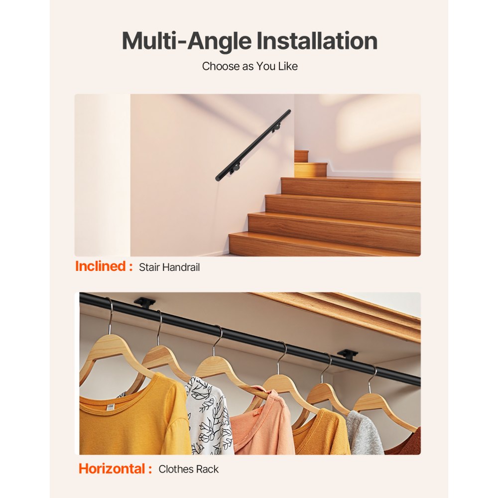 VEVOR Wall Mounted Stair Handrail, 1215mm Pipe Staircase Handrail, Black Galvanized Aluminum, 32mm Pipe Diameter, Indoor&Outdoor Staircase Railing, Industrial Hand Rail for Steps, Security Baluster