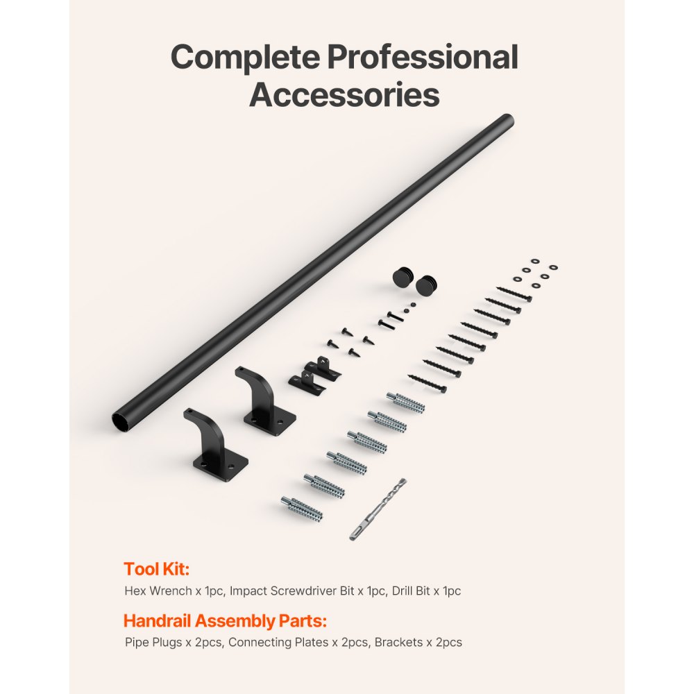 VEVOR Wall Mounted Stair Handrail, 1215mm Pipe Staircase Handrail, Black Galvanized Aluminum, 32mm Pipe Diameter, Indoor&Outdoor Staircase Railing, Industrial Hand Rail for Steps, Security Baluster