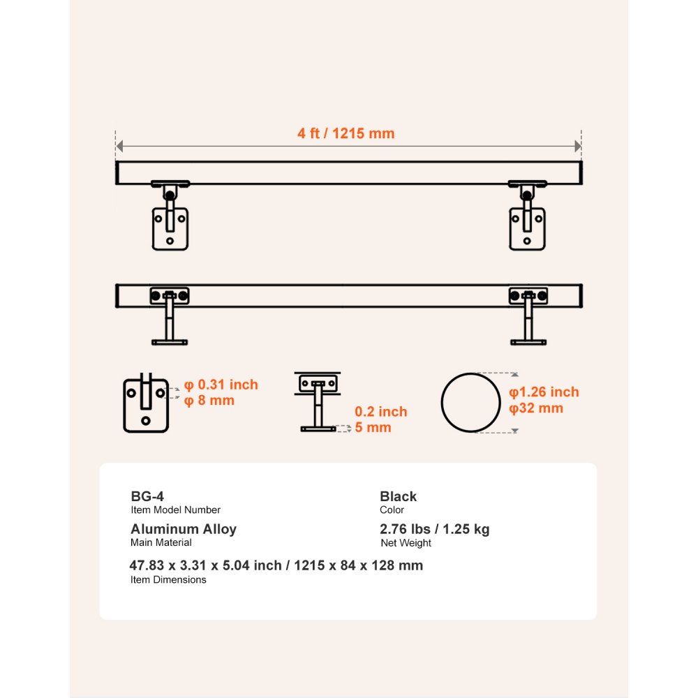VEVOR Wall Mounted Stair Handrail, 1215mm Pipe Staircase Handrail, Black Galvanized Aluminum, 32mm Pipe Diameter, Indoor&Outdoor Staircase Railing, Industrial Hand Rail for Steps, Security Baluster