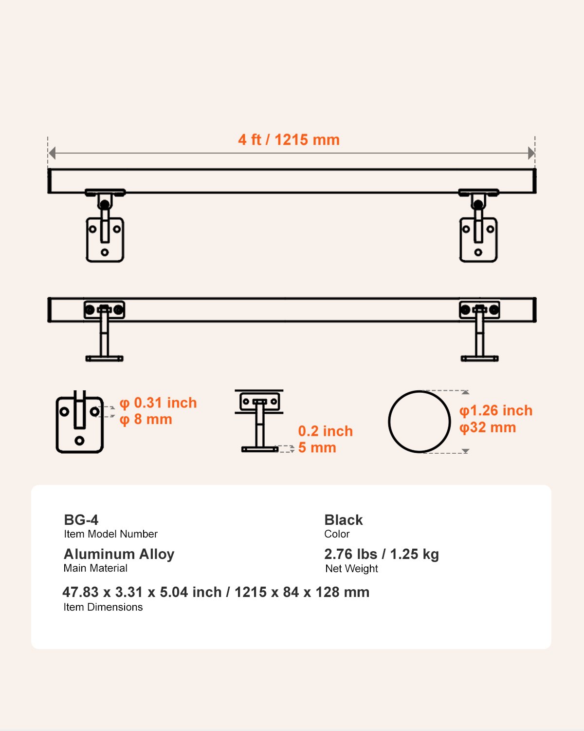 VEVOR Wall Mounted Stair Handrail, 1215mm Pipe Staircase Handrail, Black Galvanized Aluminum, 32mm Pipe Diameter, Indoor&Outdoor Staircase Railing, Industrial Hand Rail for Steps, Security Baluster