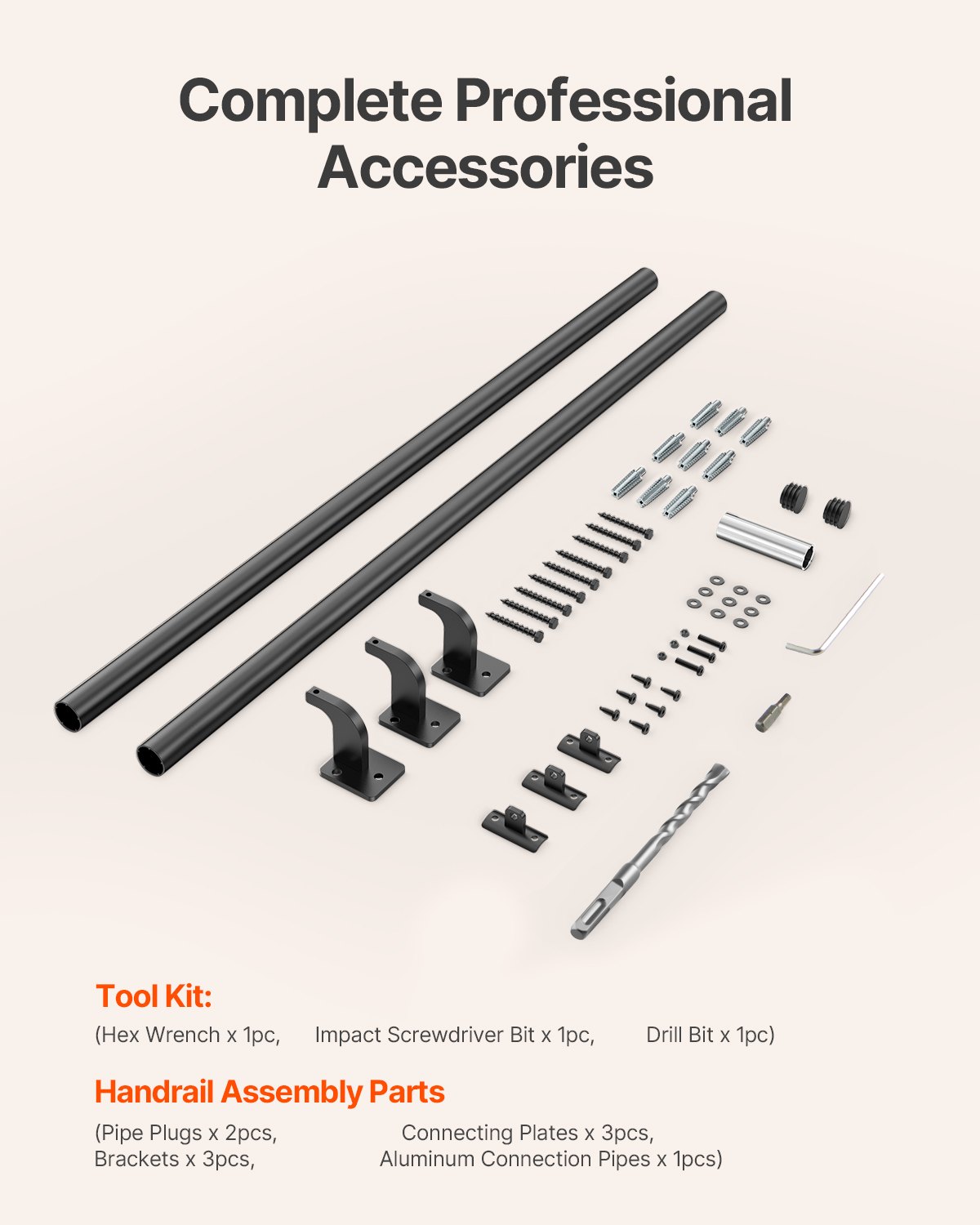 VEVOR Wall Mounted Stair Handrail, 1825mm Pipe Staircase Handrail, Black Galvanized Aluminum, 32mm Pipe Diameter, Indoor&Outdoor Staircase Railing, Industrial Hand Rail for Steps, Security Baluster