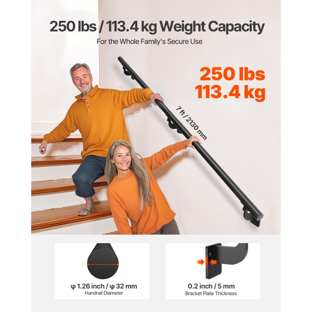 VEVOR Wall Mounted Stair Handrail, 2130mm Pipe Staircase Handrail, Black Galvanized Aluminum, 32mm Pipe Diameter, Indoor& Outdoor Staircase Railing, Industrial Hand Rail for Steps, Security Baluster