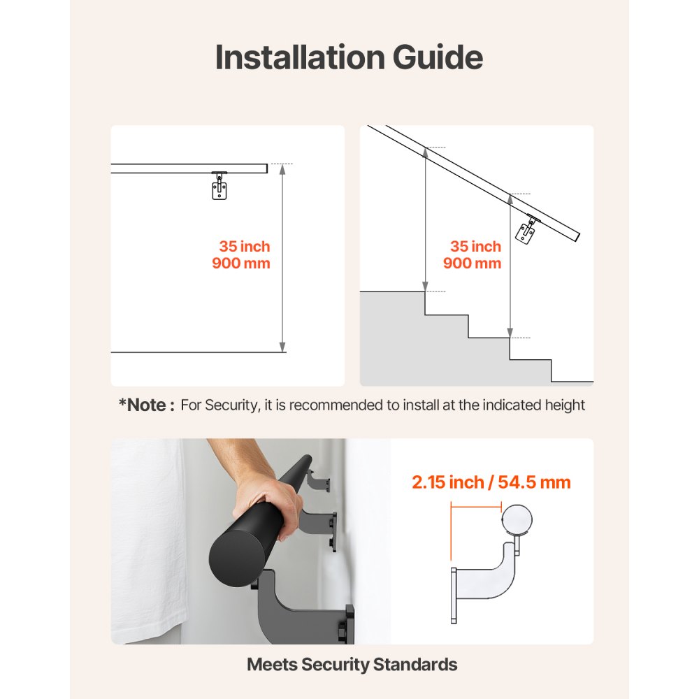 VEVOR Wall Mounted Stair Handrail, 2130mm Pipe Staircase Handrail, Black Galvanized Aluminum, 32mm Pipe Diameter, Indoor& Outdoor Staircase Railing, Industrial Hand Rail for Steps, Security Baluster