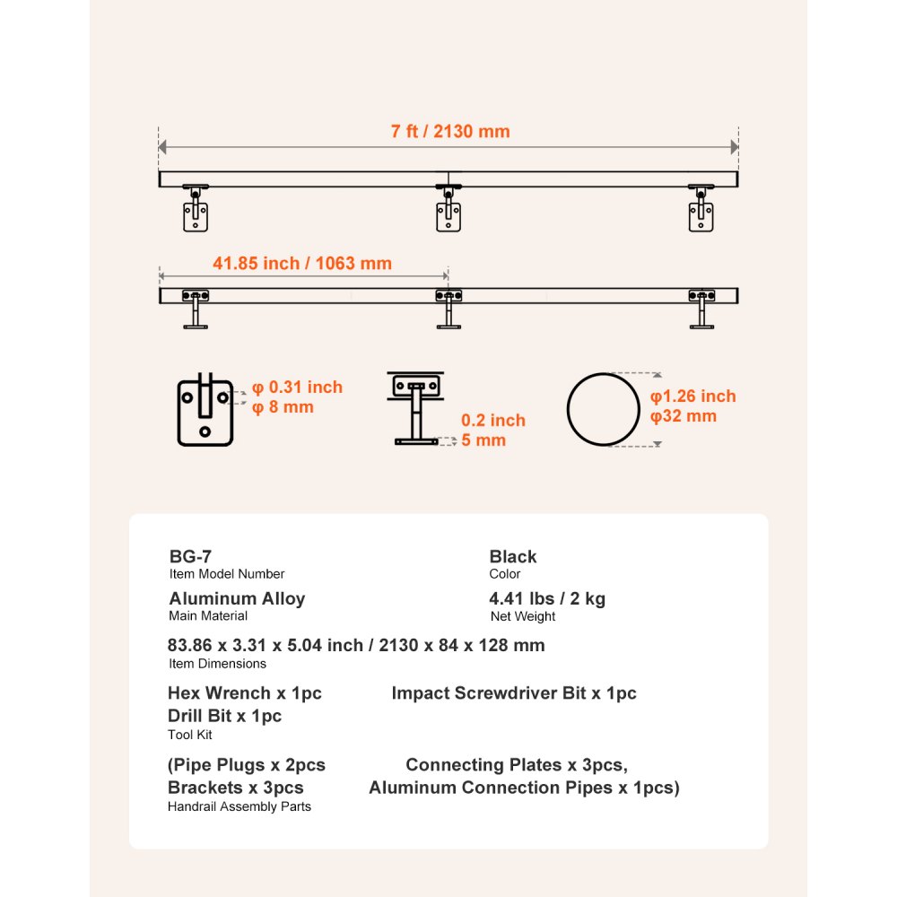 VEVOR Wall Mounted Stair Handrail, 2130mm Pipe Staircase Handrail, Black Galvanized Aluminum, 32mm Pipe Diameter, Indoor& Outdoor Staircase Railing, Industrial Hand Rail for Steps, Security Baluster