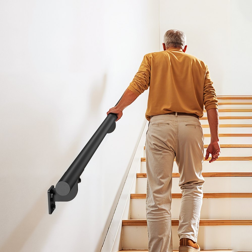 VEVOR Wall Mounted Stair Handrail, 2130mm Pipe Staircase Handrail, Black Galvanized Aluminum, 32mm Pipe Diameter, Indoor& Outdoor Staircase Railing, Industrial Hand Rail for Steps, Security Baluster