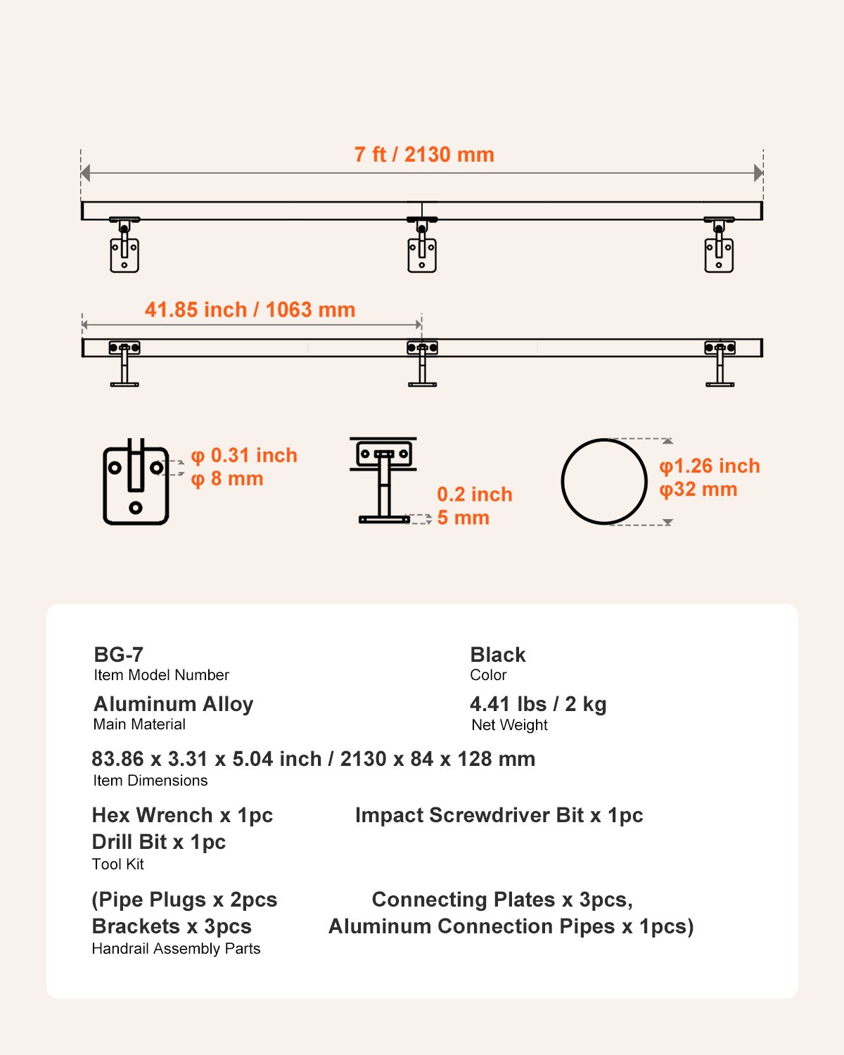 VEVOR Wall Mounted Stair Handrail, 2130mm Pipe Staircase Handrail, Black Galvanized Aluminum, 32mm Pipe Diameter, Indoor& Outdoor Staircase Railing, Industrial Hand Rail for Steps, Security Baluster