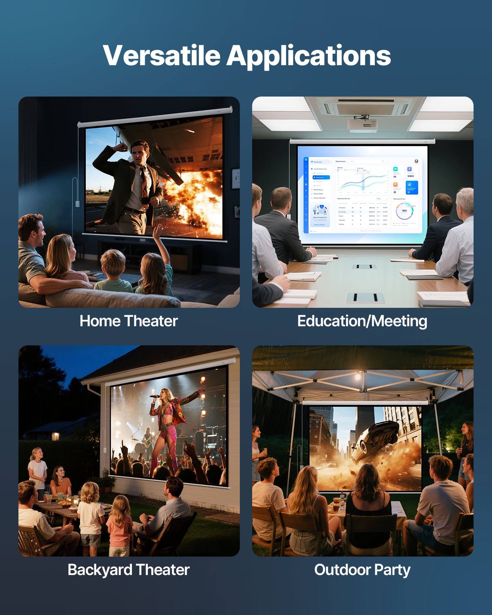 VEVOR Motorized Projector Screen, 3048 mm 4:3 1080 HD Electric Projector Screen, Wall Mounted Projection Dispaly Projector with Remote Control, Automatic Movie Screen for Family Home Office Theater