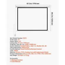 VEVOR Motorized Projector Screen, 72 inch 4:3 1080 HD Electric Projection Screen, Wall Mounted Projection Dispaly Projector with Remote Control, Automatic Movie Screen for Family Home Office Theater