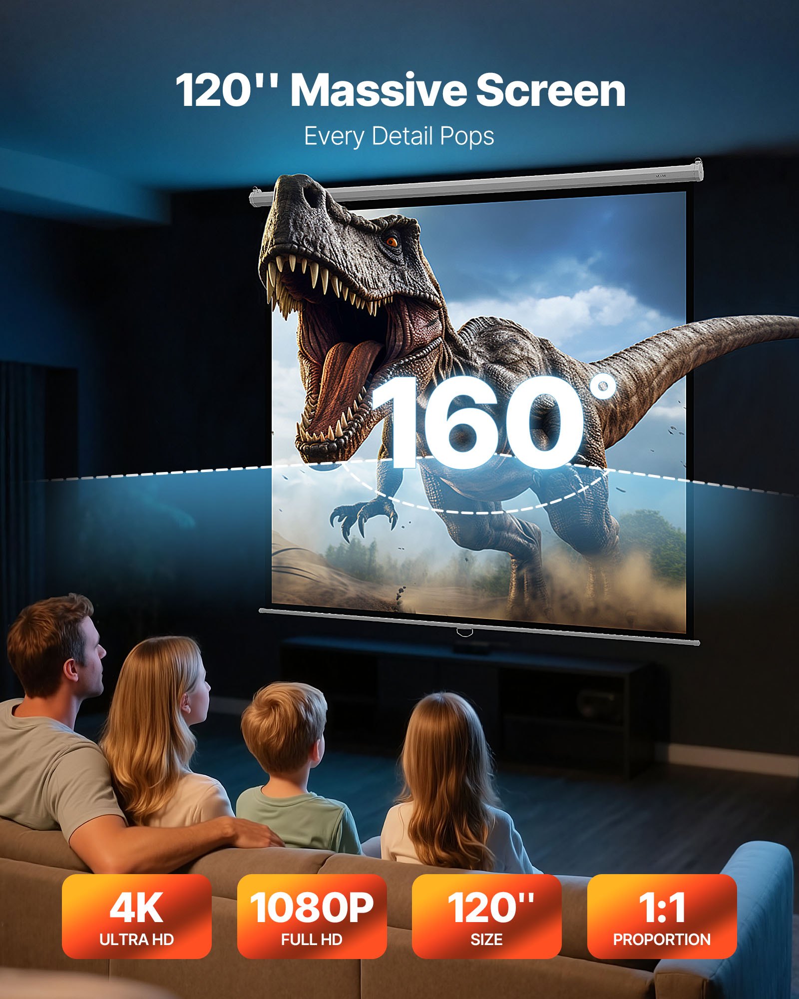 Tela de projetor manual VEVOR, 3048 mm 1:1 4K 1080 HD, tela de projetor retrátil retrátil, projeção de filmes montada na parede com corda de puxar, projetor de exibição portátil para home theater familiar