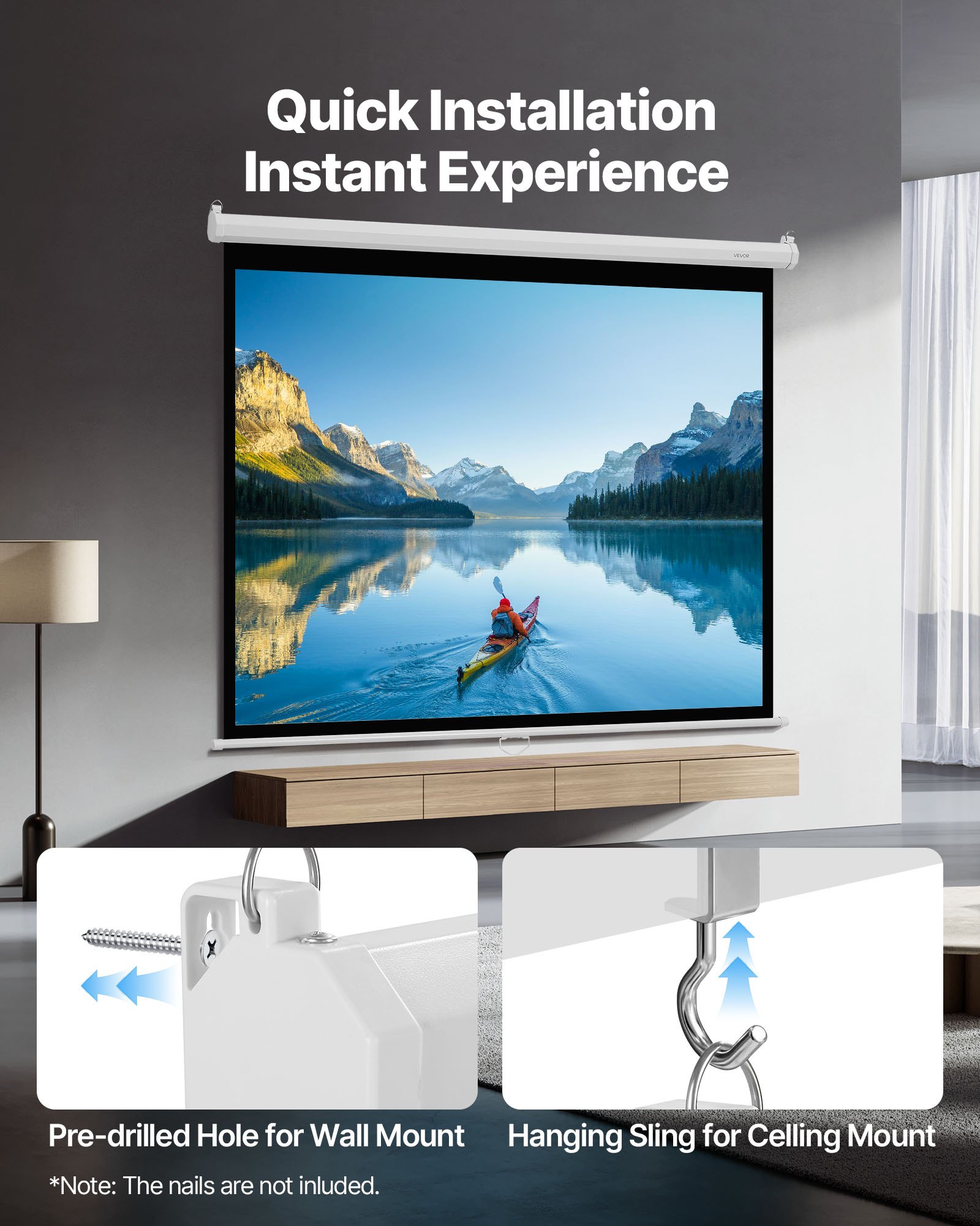 VEVOR Manual Projector Screen, 1829 mm 4:3 4K 1080 HD Retractable Pull Down Projector Screen, Wall Mounted Movie Projection with Pull Rope, Portable Display Projectoin for Family Home Office Theater