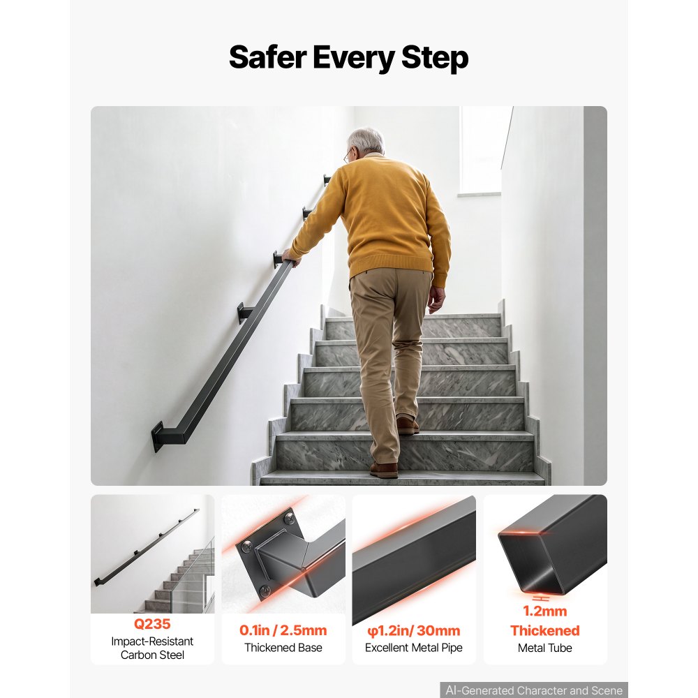 VEVOR Wall-Mounted Stair Handrail, 3657.6 mm 199.6 kg Black Metal Railing, for Indoor Steps, Loft, Porch & Hallways, Heavy-Duty Industrial Carbon Steel Hand Rail, Square Tube, with Mounting Hardware