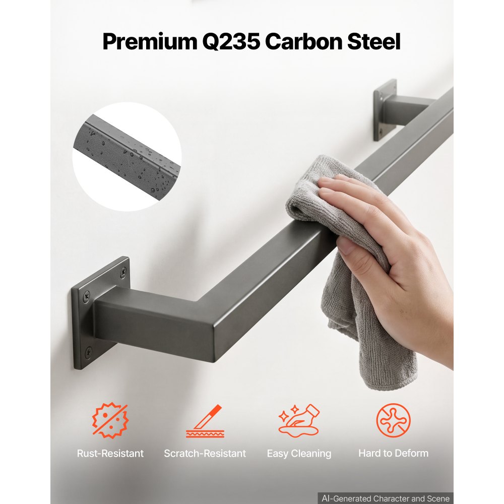 VEVOR Wall-Mounted Stair Handrail, 3657.6 mm 199.6 kg Black Metal Railing, for Indoor Steps, Loft, Porch & Hallways, Heavy-Duty Industrial Carbon Steel Hand Rail, Square Tube, with Mounting Hardware