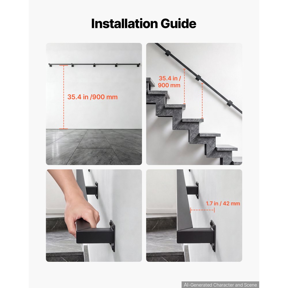 VEVOR Wall-Mounted Stair Handrail, 3657.6 mm 199.6 kg Black Metal Railing, for Indoor Steps, Loft, Porch & Hallways, Heavy-Duty Industrial Carbon Steel Hand Rail, Square Tube, with Mounting Hardware