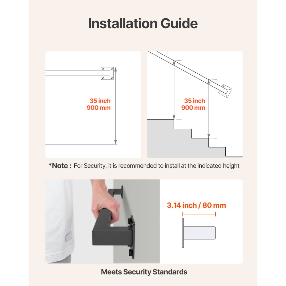 VEVOR Wall Mounted Stair Handrail, 910mm Black Iron Staircase Handrail Indoor, 113kg Load Capacity, Industrial Railing Hand Rail for Steps,  Square Tube for Loft Porch Deck, 2 Sections