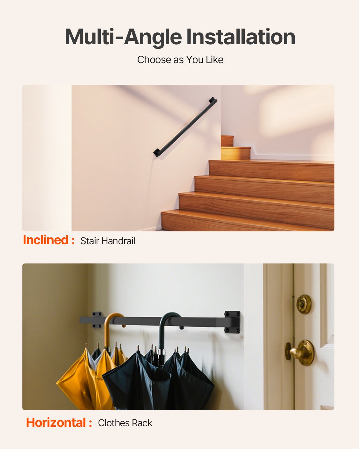 VEVOR Wall Mounted Stair Handrail, 1215mm Black Iron Staircase Handrail Indoor, 113kg Load Capacity, Industrial Railing Hand Rail for Steps,  Square Tube for Loft Porch Deck, 2 Sections