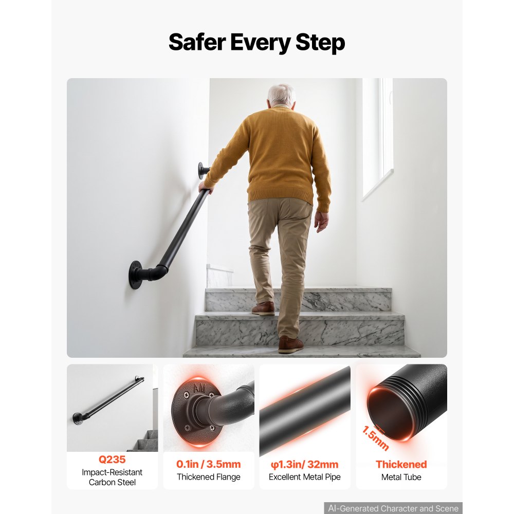 VEVOR Wall-Mounted Stair Handrail, 609.6 mm 199.6 kg Black Metal Railing, for Indoor Steps, Loft, Porch & Hallways, Heavy-Duty Industrial Carbon Steel Hand Rail, Round Tube, with Mounting Hardware