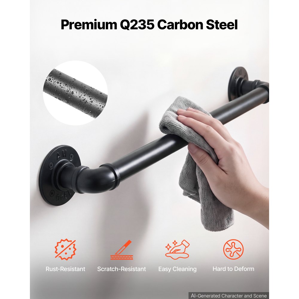 VEVOR Wall-Mounted Stair Handrail, 609.6 mm 199.6 kg Black Metal Railing, for Indoor Steps, Loft, Porch & Hallways, Heavy-Duty Industrial Carbon Steel Hand Rail, Round Tube, with Mounting Hardware