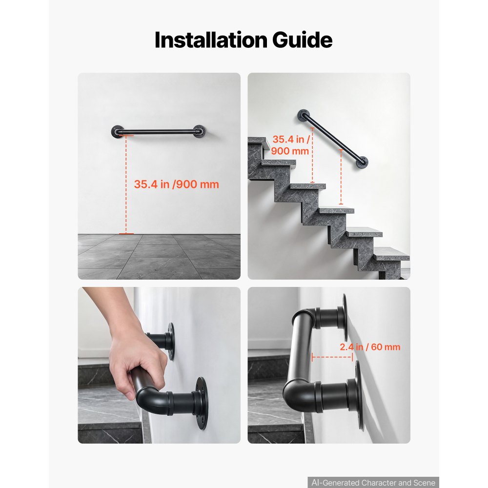 VEVOR Wall-Mounted Stair Handrail, 609.6 mm 199.6 kg Black Metal Railing, for Indoor Steps, Loft, Porch & Hallways, Heavy-Duty Industrial Carbon Steel Hand Rail, Round Tube, with Mounting Hardware