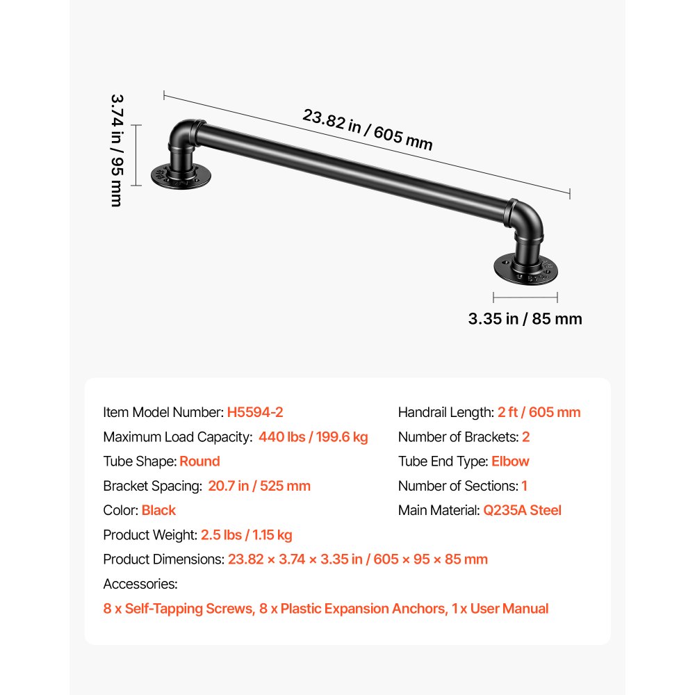 VEVOR Wall-Mounted Stair Handrail, 609.6 mm 199.6 kg Black Metal Railing, for Indoor Steps, Loft, Porch & Hallways, Heavy-Duty Industrial Carbon Steel Hand Rail, Round Tube, with Mounting Hardware