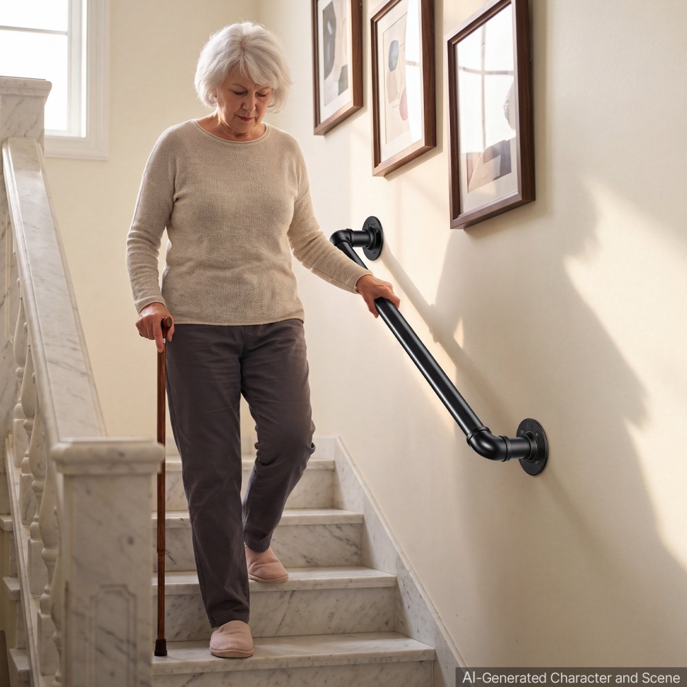 VEVOR Wall-Mounted Stair Handrail, 609.6 mm 199.6 kg Black Metal Railing, for Indoor Steps, Loft, Porch & Hallways, Heavy-Duty Industrial Carbon Steel Hand Rail, Round Tube, with Mounting Hardware