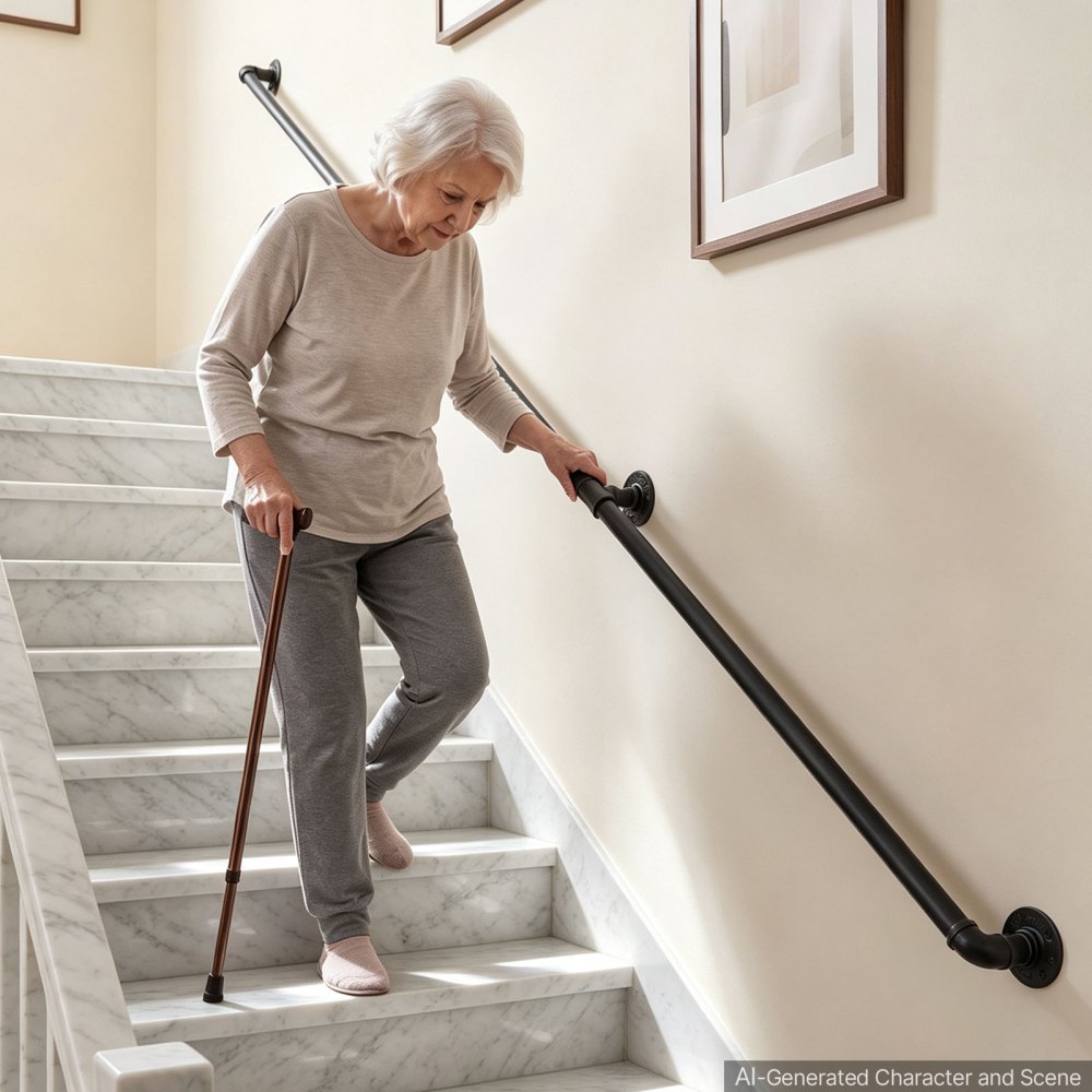 VEVOR Wall-Mounted Stair Handrail, 5 ft 440 lbs Load Black Metal Railing, for Indoor Steps, Loft, Porch & Hallways, Heavy-Duty Industrial Carbon Steel Hand Rail, Round Tube, with Mounting Hardware