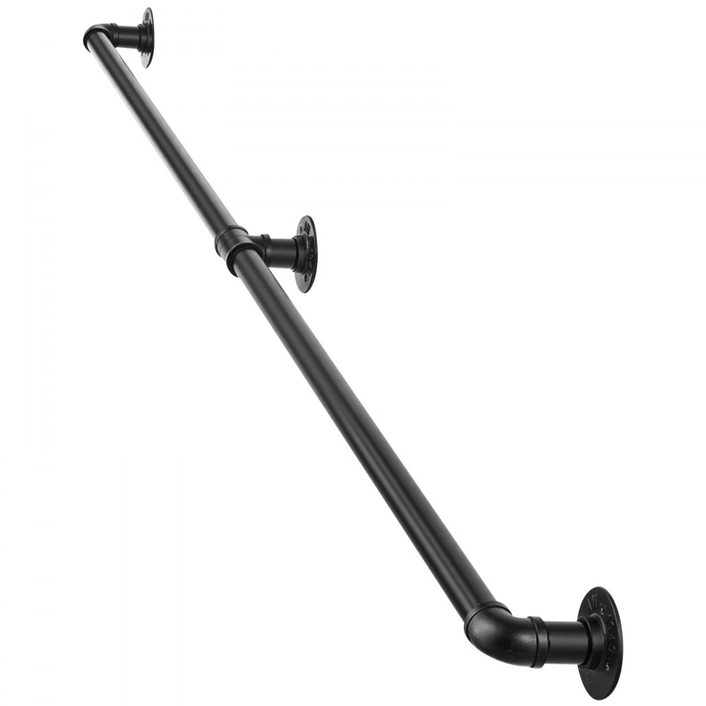 VEVOR Wall-Mounted Stair Handrail, 5 ft 440 lbs Load Black Metal Railing, for Indoor Steps, Loft, Porch & Hallways, Heavy-Duty Industrial Carbon Steel Hand Rail, Round Tube, with Mounting Hardware