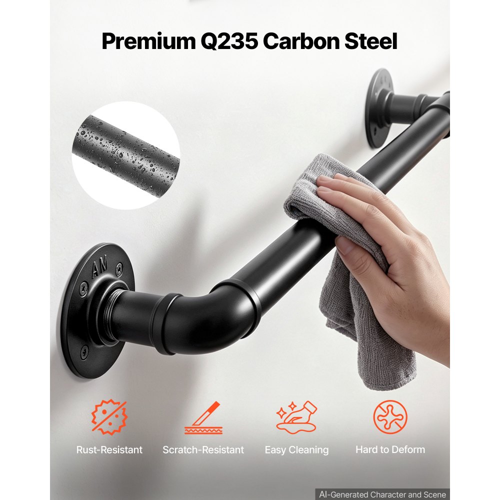 VEVOR Wall-Mounted Stair Handrail, 3352.8 mm 199.6 kg Black Metal Railing, for Indoor Steps, Loft, Porch & Hallways, Heavy-Duty Industrial Carbon Steel Hand Rail, Round Tube, with Mounting Hardware