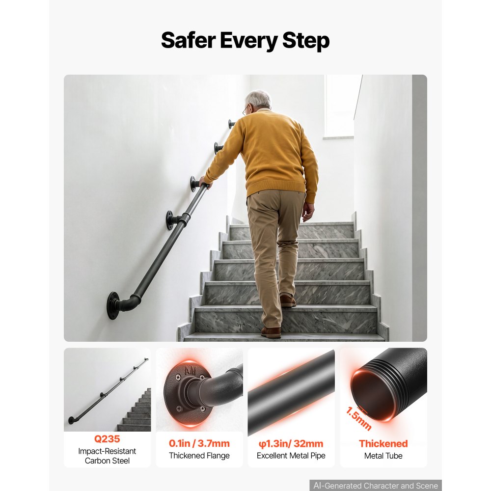 VEVOR Wall-Mounted Stair Handrail, 3962.4 mm 199.6 kg Black Metal Railing, for Indoor Steps, Loft, Porch & Hallways, Heavy-Duty Industrial Carbon Steel Hand Rail, Round Tube, with Mounting Hardware