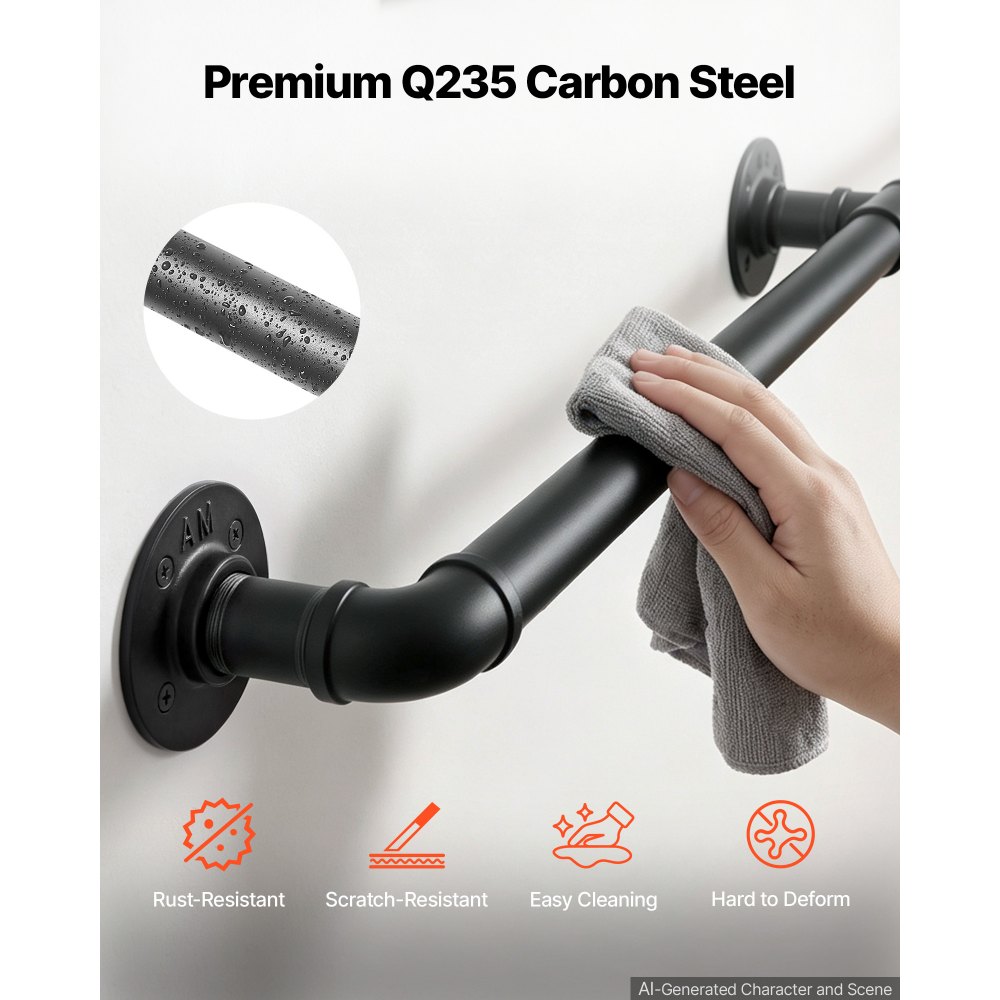VEVOR Wall-Mounted Stair Handrail, 3962.4 mm 199.6 kg Black Metal Railing, for Indoor Steps, Loft, Porch & Hallways, Heavy-Duty Industrial Carbon Steel Hand Rail, Round Tube, with Mounting Hardware