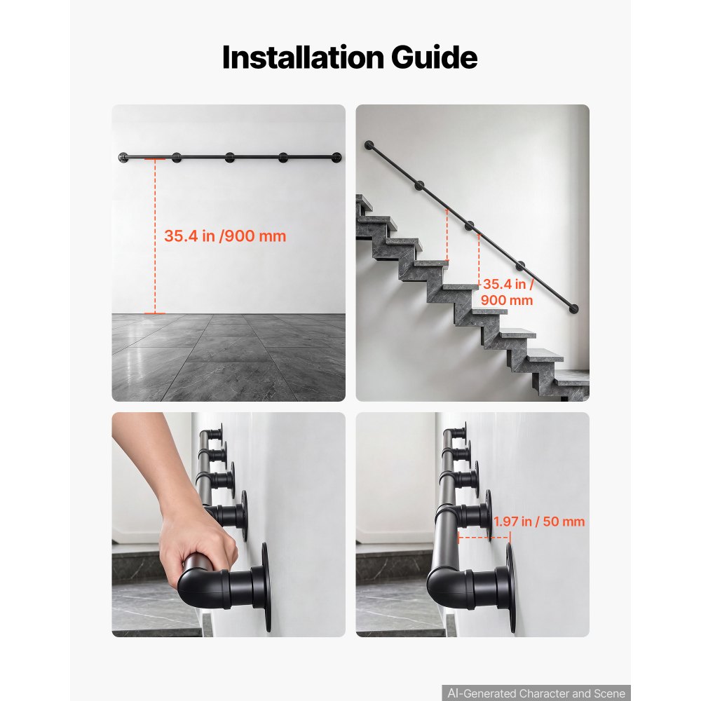 VEVOR Wall-Mounted Stair Handrail, 3962.4 mm 199.6 kg Black Metal Railing, for Indoor Steps, Loft, Porch & Hallways, Heavy-Duty Industrial Carbon Steel Hand Rail, Round Tube, with Mounting Hardware