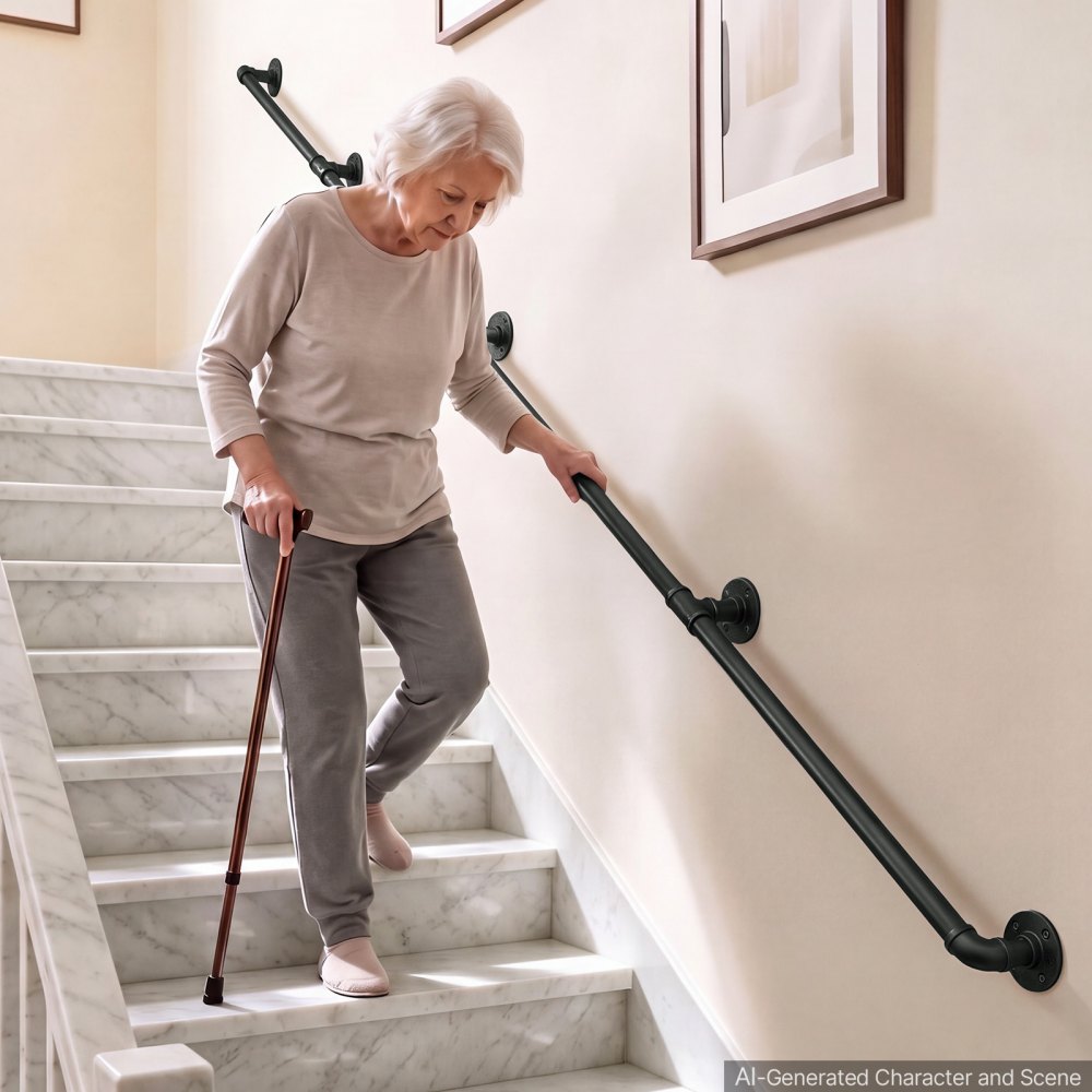 VEVOR Wall-Mounted Stair Handrail, 3962.4 mm 199.6 kg Black Metal Railing, for Indoor Steps, Loft, Porch & Hallways, Heavy-Duty Industrial Carbon Steel Hand Rail, Round Tube, with Mounting Hardware