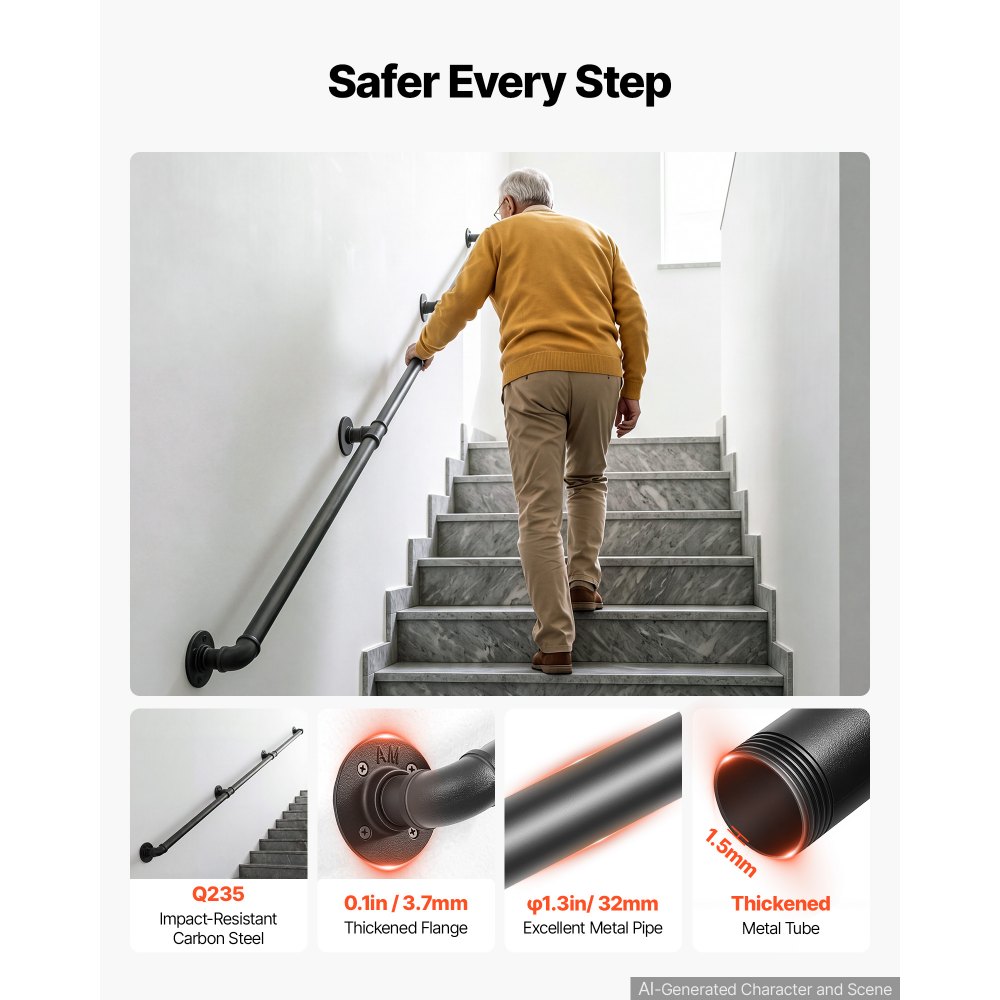 VEVOR Wall-Mounted Stair Handrail, 3048 mm 199.6 kg Black Metal Railing, for Indoor Steps, Loft, Porch & Hallways, Heavy-Duty Industrial Carbon Steel Hand Rail, Round Tube, with Mounting Hardware