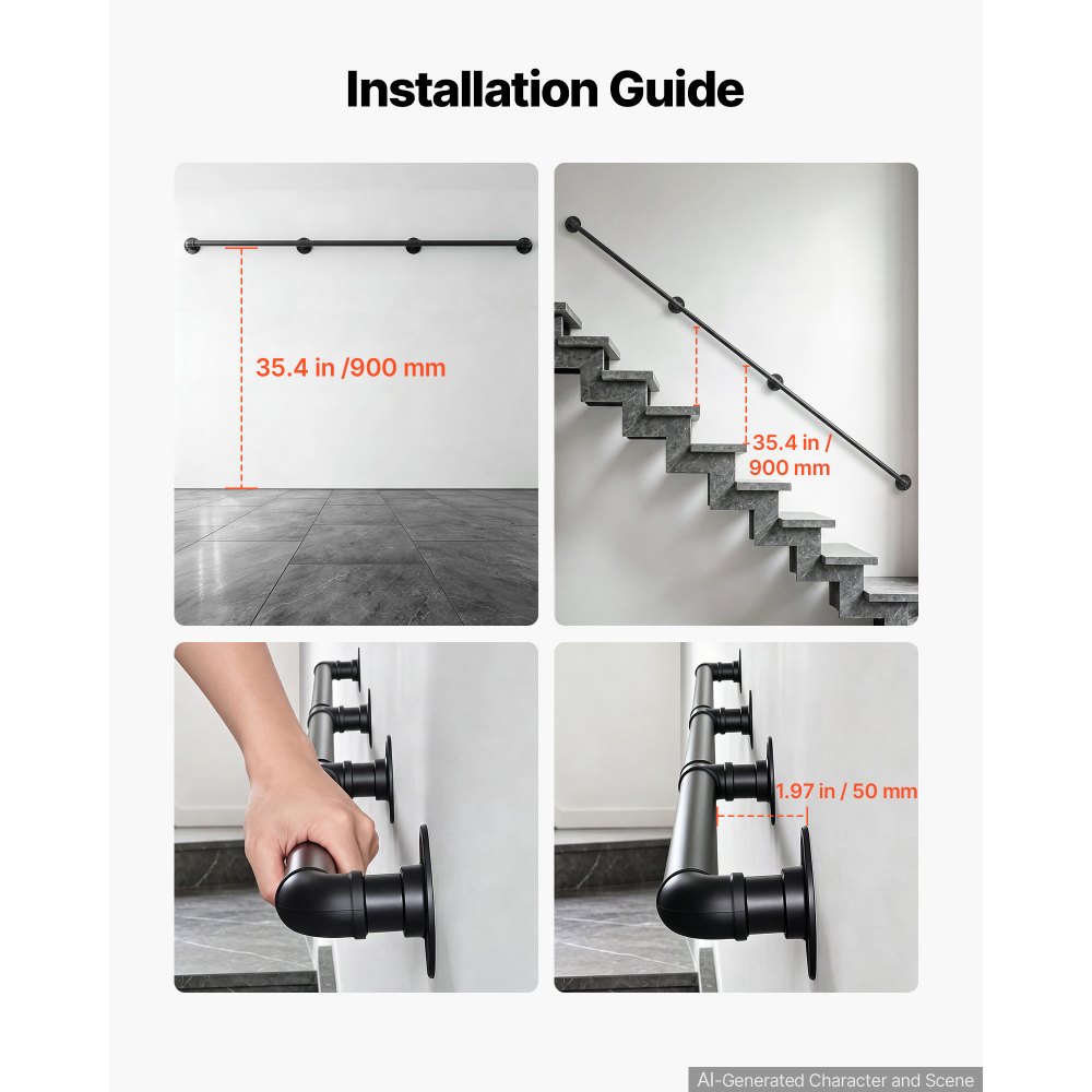 VEVOR Wall-Mounted Stair Handrail, 3048 mm 199.6 kg Black Metal Railing, for Indoor Steps, Loft, Porch & Hallways, Heavy-Duty Industrial Carbon Steel Hand Rail, Round Tube, with Mounting Hardware