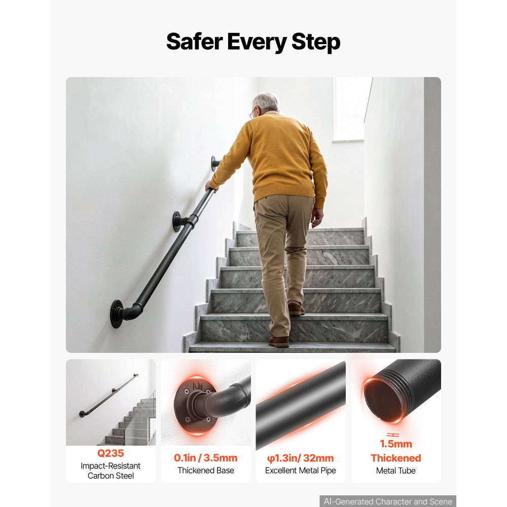 VEVOR Wall-Mounted Stair Handrail, 1219.2 mm 199.6 kg Black Metal Railing, for Indoor Steps, Loft, Porch & Hallways, Heavy-Duty Industrial Carbon Steel Hand Rail, Round Tube, with Mounting Hardware