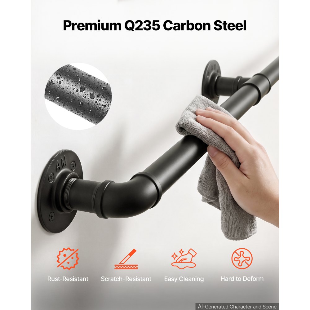 VEVOR Wall-Mounted Stair Handrail, 1219.2 mm 199.6 kg Black Metal Railing, for Indoor Steps, Loft, Porch & Hallways, Heavy-Duty Industrial Carbon Steel Hand Rail, Round Tube, with Mounting Hardware