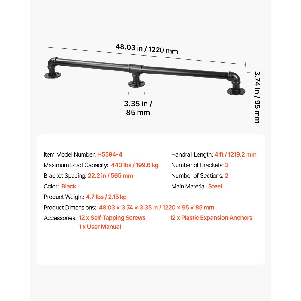 VEVOR Wall-Mounted Stair Handrail, 1219.2 mm 199.6 kg Black Metal Railing, for Indoor Steps, Loft, Porch & Hallways, Heavy-Duty Industrial Carbon Steel Hand Rail, Round Tube, with Mounting Hardware