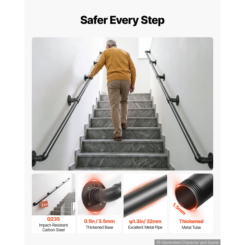 VEVOR Wall-Mounted Stair Handrail, 3962.4 mm 199.6 kg Metal Railing 2 PCS, for Indoor Steps, Loft, Porch & Hallways, Heavy-Duty Industrial Carbon Steel Hand Rail, Round Tube, with Mounting Hardware