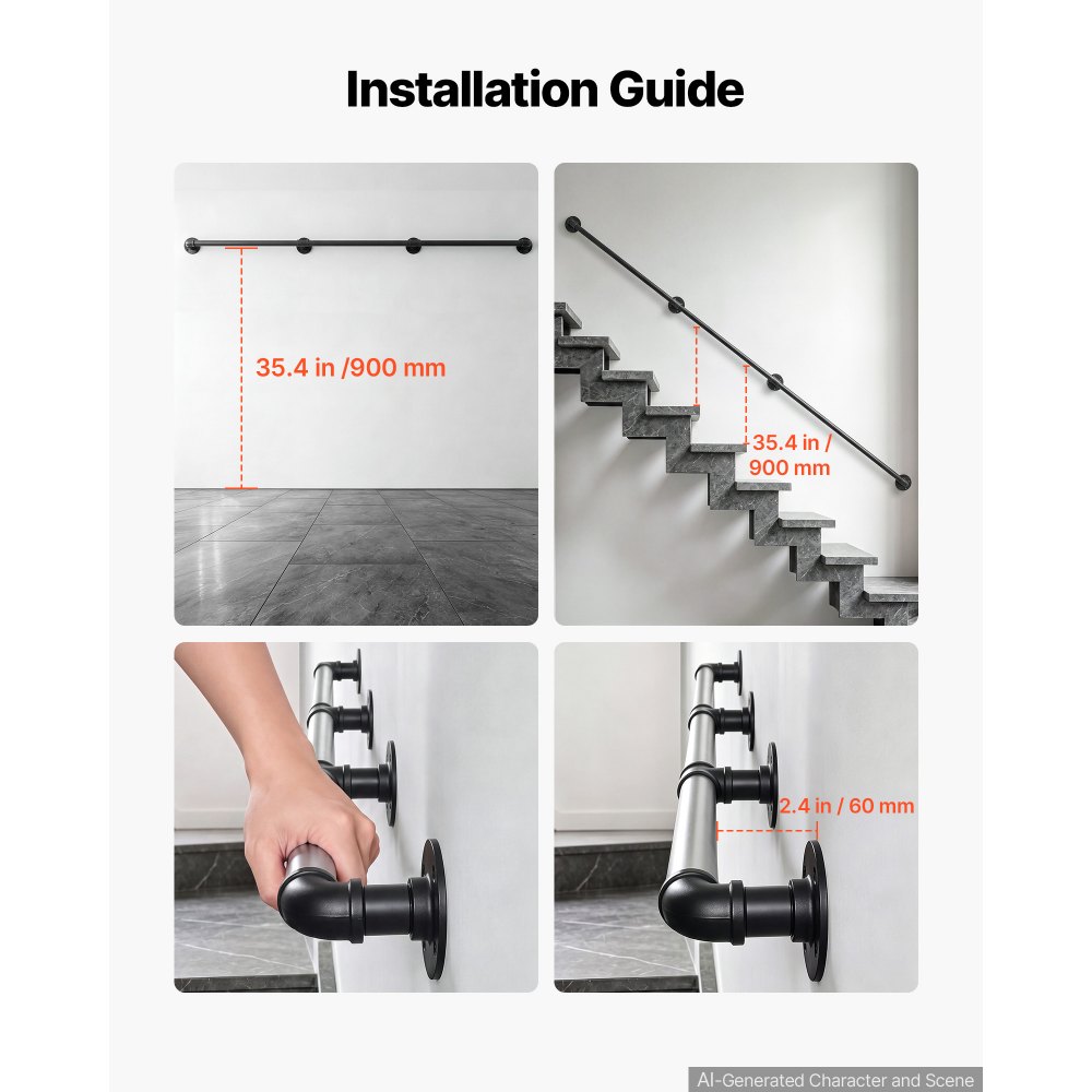 VEVOR Wall-Mounted Stair Handrail, 2438.4 mm 199.6 kg Black Metal Railing, for Indoor Steps, Loft, Porch & Hallways, Heavy-Duty Industrial Carbon Steel Hand Rail, Round Tube, with Mounting Hardware