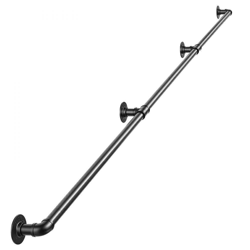 VEVOR Wall-Mounted Stair Handrail, 2438.4 mm 199.6 kg Black Metal Railing, for Indoor Steps, Loft, Porch & Hallways, Heavy-Duty Industrial Carbon Steel Hand Rail, Round Tube, with Mounting Hardware