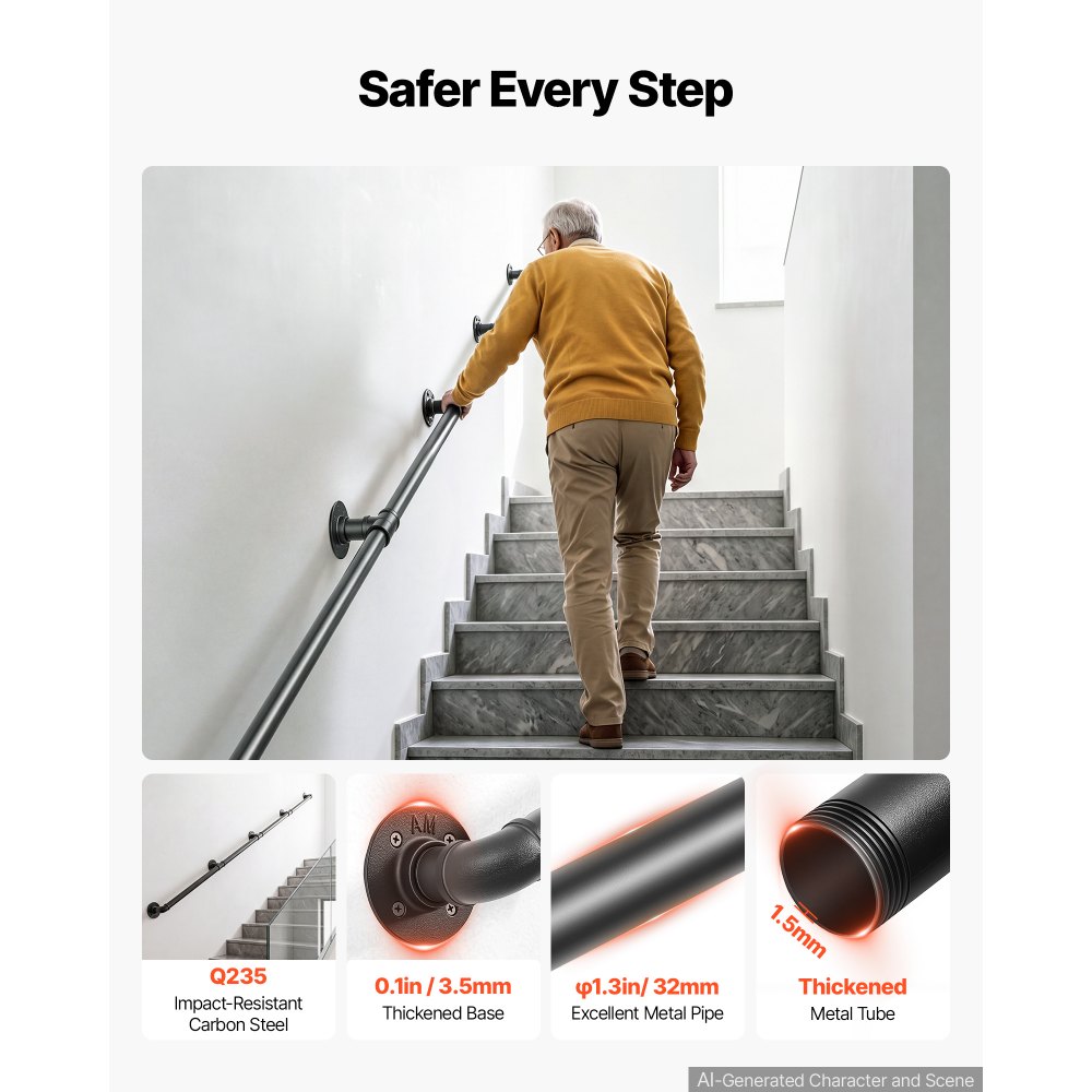 VEVOR Wall-Mounted Stair Handrail, 3657.6 mm 199.6 kg Black Metal Railing, for Indoor Steps, Loft, Porch & Hallways, Heavy-Duty Industrial Carbon Steel Hand Rail, Round Tube, with Mounting Hardware