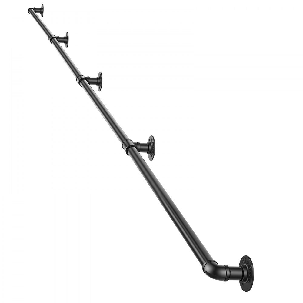 VEVOR Wall-Mounted Stair Handrail, 3657.6 mm 199.6 kg Black Metal Railing, for Indoor Steps, Loft, Porch & Hallways, Heavy-Duty Industrial Carbon Steel Hand Rail, Round Tube, with Mounting Hardware