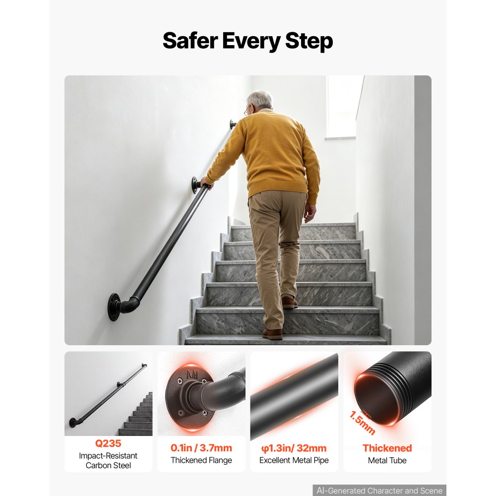VEVOR Wall-Mounted Stair Handrail, 2133.6 mm 199.6 kg Black Metal Railing, for Indoor Steps, Loft, Porch & Hallways, Heavy-Duty Industrial Carbon Steel Hand Rail, Round Tube, with Mounting Hardware
