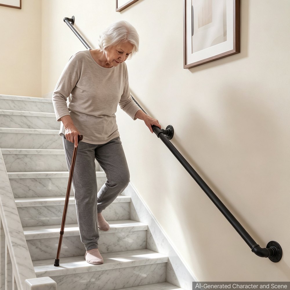 VEVOR Wall-Mounted Stair Handrail, 2133.6 mm 199.6 kg Black Metal Railing, for Indoor Steps, Loft, Porch & Hallways, Heavy-Duty Industrial Carbon Steel Hand Rail, Round Tube, with Mounting Hardware