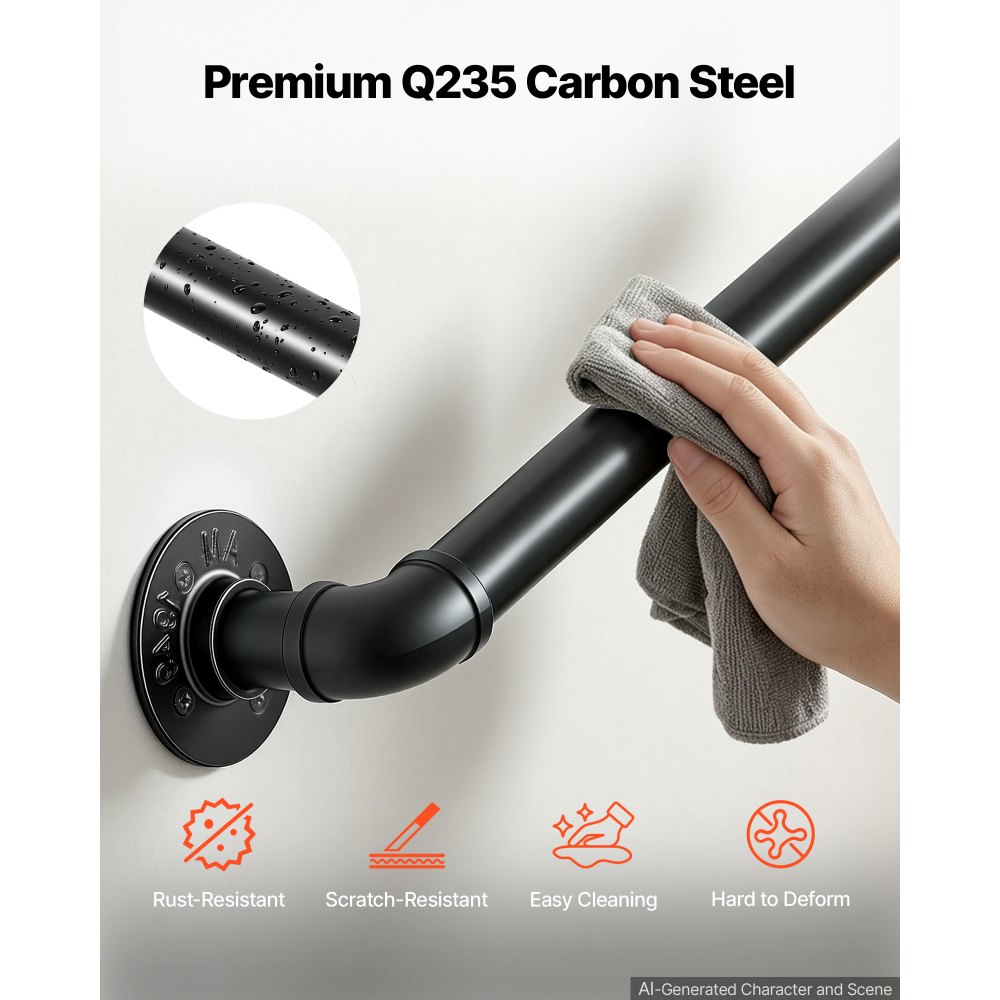 VEVOR Wall-Mounted Stair Handrail, 3 ft 440 lbs Load Black Metal Railing, for Indoor Steps, Loft, Porch & Hallways, Heavy-Duty Industrial Carbon Steel Hand Rail, Round Tube, with Mounting Hardware