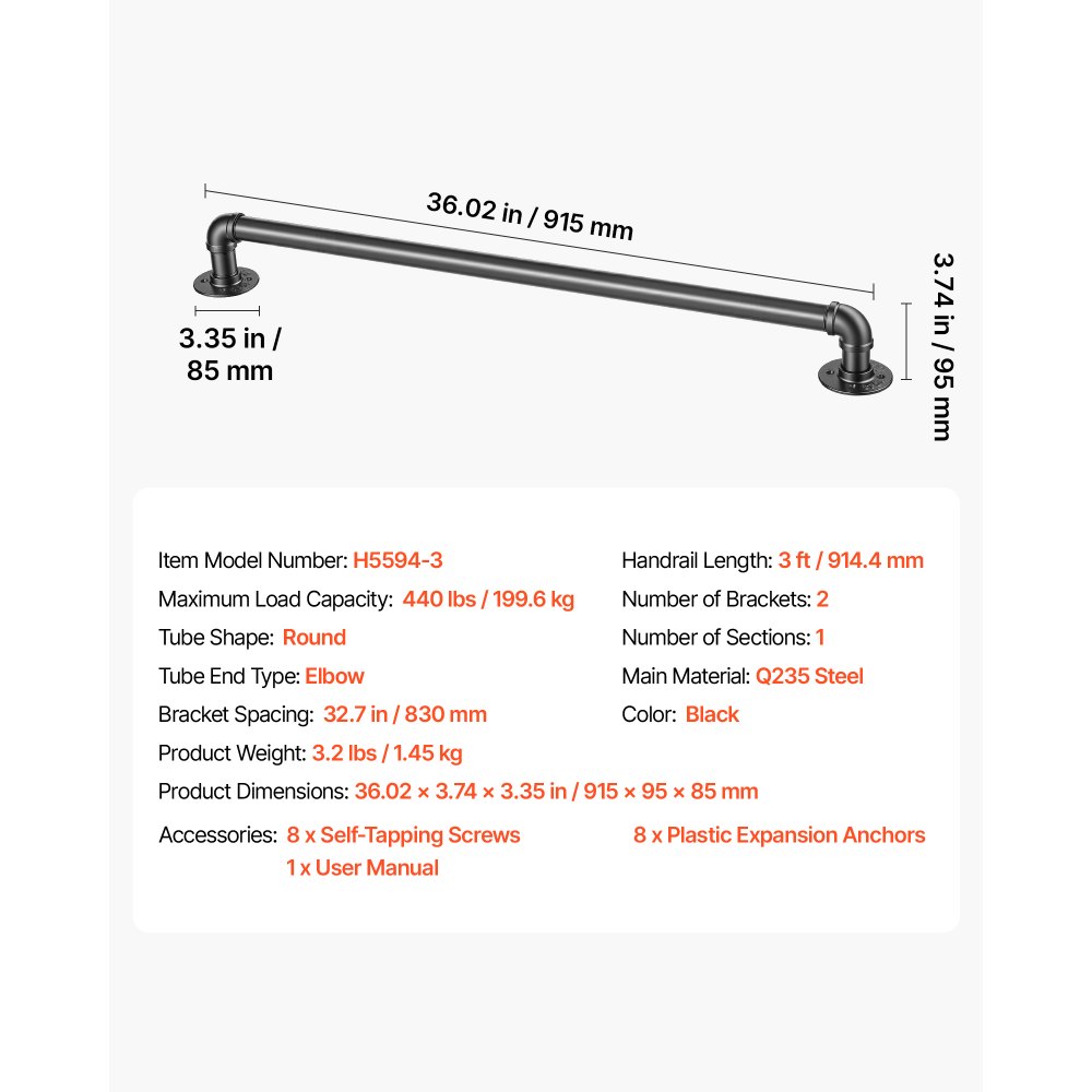 VEVOR Wall-Mounted Stair Handrail, 3 ft 440 lbs Load Black Metal Railing, for Indoor Steps, Loft, Porch & Hallways, Heavy-Duty Industrial Carbon Steel Hand Rail, Round Tube, with Mounting Hardware